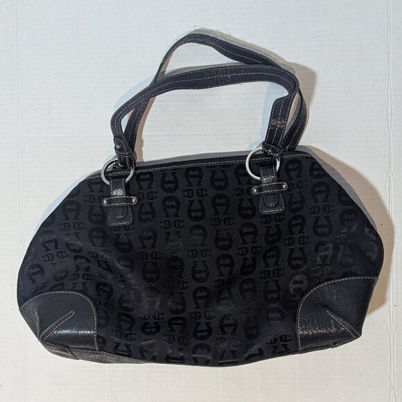 Etienne Aigner Core Collection Black Fabric Leather Logo Handbag Purse 57628 - Picture 2 of 11